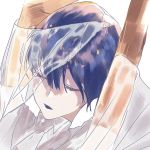 1other androgynous arms_up blue_hair closed_eyes golden_arms hakokoto houseki_no_kuni necktie phosphophyllite phosphophyllite_(ll) see-through short_hair solo spoilers upper_body white_background 
