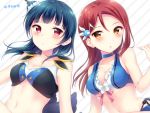  2girls :o adapted_costume bangs bikini black_feathers blue_choker blue_hair blush breasts choker cleavage collarbone diagonal-striped_background diagonal_stripes eyebrows_visible_through_hair feathers flower hair_feathers hazuki_(sutasuta) light_frown long_hair looking_at_viewer love_live! love_live!_sunshine!! medium_breasts multiple_girls musical_note_hair_ornament nave pink_ribbon redhead ribbon sakurauchi_riko side_bun striped striped_background swimsuit tsushima_yoshiko violet_eyes water_blue_new_world white_flower yellow_eyes 