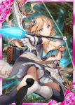  1girl akkijin archery armpits arrow ass blonde_hair blue_eyes boots bow_(weapon) breasts cape card_(medium) cleavage elf flying gloves glowing glowing_weapon hair_ornament large_breasts official_art pointy_ears shinkai_no_valkyrie soles thigh-highs underwear weapon white_cape white_gloves 