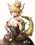  1girl absurdres bangs bare_shoulders black_dress blonde_hair blue_eyes bowsette bracelet breasts cleavage collar cowboy_shot dress eyebrows_visible_through_hair fangs finger_to_mouth fingernails glowing_jewelry glowing_petals hair_between_eyes hand_on_hip hand_up haribo_kanten highres horns jewelry large_breasts super_mario_bros. new_super_mario_bros._u_deluxe nintendo open_mouth petals ponytail shiny shiny_hair short_hair sidelocks simple_background smile solo spiked_bracelet spiked_collar spiked_shell spiked_tail spikes strapless strapless_dress super_crown waist_cape white_background 