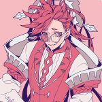  1boy alternate_color creatures_(company) dhelmise earrings game_freak gen_7_pokemon glasses headpiece jewelry kasuka108 long_hair looking_at_viewer nintendo personification pink_background pokemon red_eyes red_neckwear red_vest redhead shiny_pokemon spiky_hair stud_earrings upper_body very_long_hair vest 