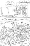 2koma :p bangs chair comic desk gambier_bay_(kantai_collection) girls_frontline guin_guin hand_on_another&#039;s_head highres kantai_collection mg5_(girls_frontline) mk48 monochrome photo_(object) pkp_(girls_frontline) ppk_(girls_frontline) s.a.t.8_(girls_frontline) sendai_(kantai_collection) smile tongue tongue_out v 