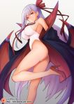  1girl ass bare_shoulders bb_(fate)_(all) bb_(swimsuit_mooncancer)_(fate) breasts chinese_commentary closed_mouth commentary_request demon_wings empty_eyes eyebrows_visible_through_hair fate/grand_order fate_(series) gradient gradient_background hair_ribbon high_heels highleg highleg_swimsuit large_breasts legs long_hair looking_at_viewer nishino_(waero) one-piece_swimsuit patreon_logo patreon_username purple_hair red_eyes ribbon robe simple_background solo swimsuit very_long_hair white_swimsuit wings 