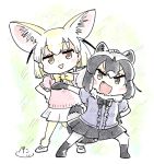  2girls :d animal_ears black_hair black_neckwear black_skirt blonde_hair blush_stickers bow bowtie brown_eyes center_frills chibi commentary common_raccoon_(kemono_friends) extra_ears eyebrows_visible_through_hair fang fennec_(kemono_friends) fox_ears full_body fur_collar grey_hair hand_on_another&#039;s_head kemono_friends looking_at_viewer multicolored_hair multiple_girls open_mouth outstretched_arm panzuban pleated_skirt raccoon_ears raccoon_tail short_hair simple_background skirt smile tail triangle_mouth two-tone_hair white_skirt yellow_neckwear 