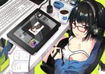  1girl bangs bare_shoulders black_eyes black_hair blue_jacket book breasts candy cat cellphone cleavage coffee coffee_mug collarbone commentary_request cup desk downblouse drawing_tablet eyebrows_visible_through_hair food fou_(ssqseeker) from_side glasses green_background headphones highres holding_stylus jacket keyboard_(computer) long_sleeves looking_at_viewer looking_to_the_side medium_breasts mug off_shoulder on_chair open_book open_clothes open_jacket original parted_lips pencil phone red-framed_eyewear shiny shiny_hair short_hair simple_background smartphone smile solo trash_can wireless_mouse 
