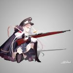  bolt_action boots casing_ejection dated full_body fur-trimmed_jacket fur_trim girls_frontline grey_background hat high_heels highres iron_cross jacket jacket_on_shoulders kar98k_(girls_frontline) long_hair long_sleeves masamune_(mathumbnail) mauser_98 one_knee peaked_cap red_eyes shadow shell_casing thigh-highs thigh_boots twitter_username weapon white_hair 