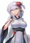  1girl azur_lane bangs black_gloves blue_eyes blush breasts eyebrows_visible_through_hair flower gloves hair_between_eyes hair_ornament half_gloves highres japanese_clothes kimono large_breasts long_hair looking_at_viewer mole mole_under_eye morichika_shuuto open_mouth partly_fingerless_gloves shoukaku_(azur_lane) sidelocks silver_hair smile solo upper_body white_background wide_sleeves 