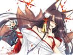  1girl akagi_(azur_lane) animal_ears azur_lane breasts brown_hair cleavage collarbone eyebrows_visible_through_hair fox_ears fox_tail highres japanese_clothes kitsune large_breasts long_hair looking_at_viewer multiple_tails open_mouth red_eyes solo tail wide_sleeves 