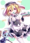  1girl absurdres animal_ears apron arm_up belly black_skirt black_vest blonde_hair breasts cosplay cowboy_shot dango dior-zi ear_clip eating eyebrows_visible_through_hair eyes_visible_through_hair fleur_de_lapin_uniform food frilled_skirt frills gochuumon_wa_usagi_desu_ka? hair_between_eyes headdress highres holding holding_plate kine kirima_sharo kirima_sharo_(cosplay) legacy_of_lunatic_kingdom looking_at_viewer medium_breasts mg_mg plate polka_dot polka_dot_background rabbit_ears red_eyes ringo_(touhou) sanshoku_dango seiran_(touhou) seiran_(touhou)_(bunny) shirt short_hair short_sleeves skirt smile thigh-highs touhou vest wagashi waist_apron white_hair white_legwear white_shirt wrist_cuffs 