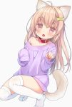  1girl animal_ears brown_eyes brown_hair cat_ears cat_tail clenched_hand collar commentary hair_ornament hairclip kneeling long_hair no_pants off_shoulder open_mouth original paw_pose pink_shirt shirt sleeves_past_wrists solo tail thigh-highs white_legwear 