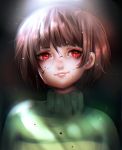  backlighting bangs black_background blood blood_on_face brown_hair chara_(undertale) chariko commentary english_commentary eyelashes green_sweater hair_between_eyes looking_at_viewer red_eyes short_hair slit_pupils smile solo sweater turtleneck turtleneck_sweater undertale upper_body 