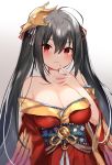  1girl ahoge azur_lane bare_shoulders black_hair blush breasts cleavage closed_mouth collarbone highres japanese_clothes large_breasts long_hair looking_at_viewer mafuyu_(chibi21) red_eyes revision sketch smile solo taihou_(azur_lane) twintails 