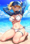  1girl ahoge armpits arms_behind_head artoria_pendragon_(all) baseball_cap beach bikini blonde_hair blue_eyes blue_hat blush breasts cropped_jacket day fate/grand_order fate_(series) full_body groin hair_through_headwear hat kase_daiki long_hair looking_at_viewer medium_breasts mysterious_heroine_xx_(foreigner) navel ocean ponytail revision sand shiny shiny_skin shore shrug_(clothing) side-tie_bikini sideboob sitting skindentation solo sunlight swimsuit thigh_strap thighs under_boob white_bikini 