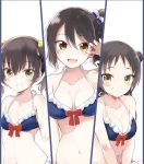  3girls :d bangs bare_shoulders bikini blue_bikini blue_bow blush bow bow_bikini breasts brown_eyes brown_hair character_name cleavage closed_mouth collarbone commentary_request eyebrows_visible_through_hair fang green_eyes grin hair_between_eyes hair_bow hair_bun hair_ornament head_tilt high_ponytail highres kishuku_gakkou_no_juliet looking_at_viewer medium_breasts multiple_girls natsupa navel open_mouth red_bow shiny shiny_skin side_bun side_ponytail small_breasts smile swimsuit twintails v_arms 