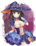  1girl :q asahina_kokomi bangs battle_girl_high_school blue_bow blue_dress blue_gloves blue_hat blush bow breasts cleavage closed_mouth collarbone commentary_request dress eyebrows_visible_through_hair gloves hair_bow hand_up hat head_tilt highres jack-o&#039;-lantern kiyosato0928 long_hair looking_at_viewer medium_breasts print_hat puffy_short_sleeves puffy_sleeves short_sleeves skirt_hold smile solo star star_print tongue tongue_out witch_hat 