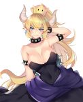  1girl arm_at_side bare_shoulders black_dress blonde_hair blue_eyes blush bowsette bracelet breasts cleavage collar collarbone colored_eyelashes dress fangs_out hand_behind_head hand_in_hair high_ponytail horns jewelry large_breasts long_hair long_ponytail looking_at_viewer super_mario_bros. new_super_mario_bros._u_deluxe nintendo pointy_ears ponytail shiny shiny_clothes shiny_hair shiny_skin simple_background smile solo spiked_bracelet spiked_collar spiked_shell spikes thick_eyebrows upper_body waist_cape white_background wide_ponytail zonana 