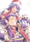  1boy 1girl armor blue_hair carrying closed_eyes father_and_daughter fire_emblem fire_emblem:_fuuin_no_tsurugi fire_emblem:_rekka_no_ken fire_emblem_heroes gauntlets grin hand_holding hat hector_(fire_emblem) highres lilina long_hair nakabayashi_zun nintendo open_mouth red_hat short_hair shoulder_armor shoulder_carry simple_background smile white_background 