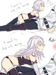  1boy 1girl age_progression arm_wrap band-width breasts comic english facial_scar fate/grand_order fate_(series) fujimaru_ritsuka_(male) green_eyes hand_wraps head_out_of_frame jack_the_ripper_(fate/apocrypha) long_hair medium_breasts older panties purple_legwear purple_panties scar scar_on_cheek short_hair shoulder_tattoo silver_hair sketch small_breasts straddling tattoo thigh-highs underwear 