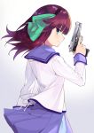  1girl angel_beats! bangs blush closed_mouth commentary_request eyebrows_visible_through_hair gradient gradient_background green_eyes grey_background gun hand_up handgun highres holding holding_gun holding_weapon long_hair long_sleeves looking_at_viewer looking_to_the_side pistol pleated_skirt profile purple_hair purple_sailor_collar purple_skirt sailor_collar school_uniform serafuku shirt simple_background skirt smile solo soupchan trigger_discipline weapon weapon_request white_background white_shirt yuri_(angel_beats!) 