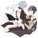  1boy 1girl 2016 alternate_hairstyle armor back black_gloves black_hair blue_hair blush cape closed_mouth commentary dinikee english_commentary eyebrows_visible_through_hair fire_emblem fire_emblem_if flora_(fire_emblem_if) gloves grey_eyes hand_on_another&#039;s_hip hand_on_another&#039;s_shoulder looking_at_another maid maid_dress maid_headdress male_my_unit_(fire_emblem_if) my_unit_(fire_emblem_if) nintendo pointy_ears red_eyes signature simple_background smile twintails white_background 