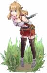  1girl arms_behind_back blonde_hair breasts field fiorun full_body green_eyes long_hair looking_at_viewer nintendo robaco short_hair simple_background smile solo sword weapon xenoblade_(series) xenoblade_1 