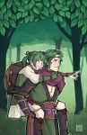  1boy 1girl carrying father_and_daughter fire_emblem fire_emblem_if forest green_eyes green_hair hat japanese_clothes midoriko_(fire_emblem_if) nature nintendo piggyback pointing_finger smile straw_hat suzukaze_(fire_emblem_if) tree twintails 