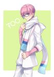  1boy adjusting_scarf blue-framed_eyewear blue_eyes creatures_(company) game_freak glasses green_background hand_up jacket kasuka108 looking_at_viewer male_focus nintendo pants personification pink_hair pokemon scarf simple_background standing white_jacket white_pants white_scarf 