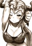  1girl aliza_(granblue_fantasy) arm_wrap arms_behind_head arms_up blush braid breasts cleavage collarbone commentary_request draph granblue_fantasy gupunetsu highres horns large_breasts leaning_forward long_hair looking_at_viewer monochrome one_eye_closed single_braid smile solo upper_body very_long_hair wrist_wrap 