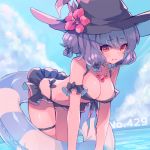  1girl arm_scrunchie bare_shoulders bikini black_bikini black_bow blue_sky bow breasts cleavage clouds creatures_(company) day eyebrows_visible_through_hair flower game_freak gen_4_pokemon hair_bow hat hat_flower innertube kasuka108 leaning_forward medium_breasts mismagius nintendo ocean outdoors personification pink_eyes pokemon purple_hair short_hair sky smile solo standing swimsuit thigh_strap water witch_hat 