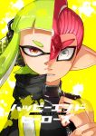  1boy 1girl agent_8 bangs black_jacket blunt_bangs brown_eyes closed_mouth commentary cover cover_page dark_skin domino_mask doujin_cover frown green_hair grey_eyes hat headgear inkling jacket leather leather_jacket long_hair looking_at_viewer makeup mascara mask nintendo octarian octoling pointy_ears red_hat sharp_teeth short_hair sparkling_eyes splatoon splatoon_2 splatoon_2:_octo_expansion teeth tentacle_hair upper_body v-shaped_eyebrows vest wrist_grab yellow_background yellow_vest yeneny zipper 
