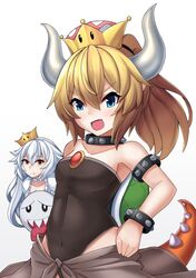  2girls aqua_eyes bangs bare_shoulders black_leotard boo bowsette bracelet breasts brooch character_doll choker collar covered_navel doll dress eyebrows_visible_through_hair fang frilled_dress frills hair_between_eyes high_ponytail highleg highleg_leotard highres holding holding_doll horns jewelry kuronekozero leotard light_smile long_hair long_ponytail luigi&#039;s_mansion super_mario_bros. multiple_girls new_super_mario_bros._u_deluxe nintendo open_mouth outline pointy_ears princess_king_boo puffy_short_sleeves puffy_sleeves reflective_eyes sharp_teeth shiny shiny_hair short_hair short_sleeves sidelocks simple_background small_breasts smile spiked_bracelet spiked_collar spiked_shell spikes strapless strapless_dress super_crown teeth tongue tongue_out very_long_hair white_background white_choker white_dress white_hair younger 