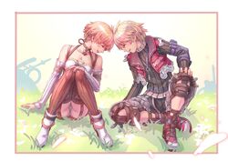  1boy 1girl blonde_hair blush breasts closed_eyes couple field fiorun goo_goo789 highres nintendo open_mouth short_hair shulk skirt smile spoilers super_smash_bros. xenoblade_(series) xenoblade_1 xenoblade_2 