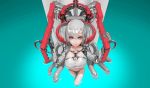  1girl android bangs breasts closed_mouth eyebrows_visible_through_hair grey_eyes grey_hair hiragana_(gomasyabu) holding large_breasts long_hair looking_at_viewer machinery mechanical_arm original silver_hair smile standing tube water 