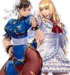  2girls bangs blonde_hair blue_eyes blunt_bangs bornw_hair breasts brown_eyes capcom chun-li cowboy_shot double_bun frilled_skirt frills hair_bun highres hime_cut index_finger_raised lili_(tekken) looking_at_another multiple_girls pantyhose red_neckwear skirt street_fighter tekken yasuda_akira 