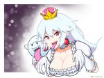  1girl :d absurdres bangs boo breasts bright_pupils cleavage collarbone crown earrings eyebrows_visible_through_hair furrowed_eyebrows genderswap genderswap_(mtf) ghost_pose hair_between_eyes highres jewelry kyamagwi large_breasts long_hair looking_at_viewer luigi&#039;s_mansion super_mario_bros. multicolored multicolored_eyes new_super_mario_bros._u_deluxe nintendo open_mouth orange_eyes pink_eyes pointy_ears princess_king_boo puffy_short_sleeves puffy_sleeves sharp_teeth short_sleeves smile solo super_crown super_mario_bros. teeth tongue tongue_out twitter_username white_hair white_pupils 