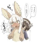  1boy 1other animal_ears blush closed_eyes eyebrows_visible_through_hair facing_another furry highres kawasemi27 long_hair looking_away made_in_abyss nanachi_(made_in_abyss) parted_lips regu_(made_in_abyss) short_hair sound_effects speech_bubble surprised translated white_hair yellow_eyes 
