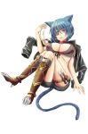  1girl animal_ears black_jacket blue_hair boots breasts brown_eyes brown_footwear cat_ears cat_tail celesto_medus claws eyepatch full_body jacket jacket_removed jewelry jewelry_removed knees_up knife large_breasts looking_at_viewer necklace necklace_removed official_art renkai_frontier short_hair sitting solo tail thigh_strap tomoya_asano transparent_background 