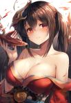  1girl ahoge alcohol azur_lane bangs bare_shoulders blurry blurry_background blush breasts brown_hair choker cleavage collarbone commentary cup eyebrows_visible_through_hair feathers hair_between_eyes hair_ornament hair_ribbon highres holding holding_cup japanese_clothes kimono large_breasts light_particles long_hair looking_at_viewer mask mask_on_head motokonut obi off_shoulder parted_lips pouring red_eyes red_kimono red_ribbon ribbon rigging sakazuki sash sidelocks smile solo taihou_(azur_lane) upper_body very_long_hair wide_sleeves 