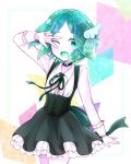  1other alternate_costume androgynous colored_eyelashes corset crystal_hair eyebrows_visible_through_hair eyes_visible_through_hair green_eyes green_hair hair_ornament happy highres houseki_no_kuni kanade_00xx looking_at_viewer neck_ribbon one_eye_closed open_mouth phosphophyllite ribbon short_hair skirt smile solo v_over_eye 