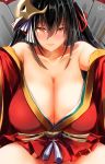  1girl absurdres azur_lane bangs bare_shoulders black_hair blush breasts cleavage collarbone dress eyebrows_visible_through_hair facing_viewer hair_between_eyes hair_ornament highres japanese_clothes kimono large_breasts long_hair looking_at_viewer outstretched_arms parted_lips red_dress red_eyes red_kimono solo taihou_(azur_lane) yilan_un 