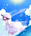  1girl absurdres blue_sky brown_hair clouds commentary cowboy_shot day dress floral_print hat highres looking_at_viewer original rai_miruku see-through short_hair sky solo sun_hat violet_eyes white_dress 
