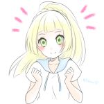  1girl blonde_hair closed_mouth creatures_(company) game_freak green_eyes lillie_(pokemon) long_hair nintendo pokemon pokemon_(game) pokemon_sm ponytail shirt short_sleeves simple_background smile solo stardrop twitter_username white_background white_shirt 