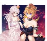  &gt;_&lt; 2girls alternate_color alternate_eye_color artist_name bangs bare_shoulders black_nails blonde_hair blue_earrings blue_leotard blush blush_stickers boo border bowsette bracelet breasts brown_earrings brown_eyes choker cleavage collar covering_face cowboy_shot diamond dress ears frilled_choker frilled_dress frills hair_between_eyes hand_up hands_together hips interlocked_fingers jewelry lavender_eyes leotard light_smile long_hair long_ponytail long_tongue looking_down super_mario_bros. medium_breasts multiple_girls nail_polish new_super_mario_bros._u_deluxe night night_sky nintendo nose_blush outside_border pendant pink_cloud pink_sky pose princess_king_boo puffy_short_sleeves puffy_sleeves r2mpt reflective_eyes sharp_teeth shiny shiny_clothes shiny_skin short_hair short_sleeves shy sidelocks sky smile spiked_bracelet spiked_collar spiked_shell spiked_tail spikes strapless strapless_leotard sunset super_crown teeth thighs tongue tongue_out torn_clothes twilight very_long_hair waist_cape white_border white_choker white_dress 