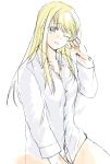  1girl arm_at_side bangs blonde_hair blue_eyes breasts cowboy_shot expressionless eyebrows_visible_through_hair eyelashes finger_to_face fingernails fullmetal_alchemist head_tilt long_hair long_sleeves looking_away one_eye_closed open_mouth see-through shirt simple_background sleepy solo thighs tsukuda0310 upper_body white_background white_shirt winry_rockbell 