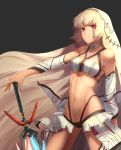  1girl absurdres altera_(fate) artist_request bangs bare_shoulders black_background black_nails blunt_bangs breasts choker closed_mouth collarbone commentary_request dark_skin detached_sleeves expressionless fate/grand_order fate_(series) fingernails full_body_tattoo headdress highres hips holding holding_sword holding_weapon jdw jewelry legs midriff nail_polish navel photon_ray red_eyes revealing_clothes showgirl_skirt simple_background skirt small_breasts solo standing stomach stomach_tattoo sword tattoo thighs veil weapon white_hair white_skirt 