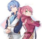  1boy 1girl achan_(blue_semi) blue_eyes blue_hair brown_gloves coat collared_shirt crossed_arms eiyuu_densetsu gloves green_eyes juna_crawford kurt_vander long_sleeves looking_at_another looking_at_viewer pink_hair ponytail sen_no_kiseki shirt short_hair side-by-side smile standing twitter_username upper_body vest 