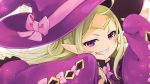  1girl bow circlet fire_emblem fire_emblem:_kakusei fire_emblem_heroes green_hair grin halloween_costume hat highres long_hair mamkute nakabayashi_zun nintendo nowi_(fire_emblem) pink_bow pointy_ears sleeves_past_fingers sleeves_past_wrists smile solo violet_eyes witch_hat 
