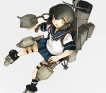  1girl anchor anchor_print backpack bag black_hair black_legwear blouse blue_neckwear blue_skirt braid brown_eyes cannon commentary dutch_angle glowing glowing_eye greaves grey_background grey_footwear hair_ribbon highres holding holding_weapon isonami_(kantai_collection) kantai_collection long_hair looking_at_viewer machinery neck_ribbon open_mouth pleated_skirt ponytail print_legwear red_ribbon ribbon school_uniform serafuku short_sleeves sidelocks simple_background single_horizontal_stripe skirt socks solo standing susumu thigh_strap turret twin_braids weapon white_blouse 