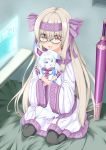  1girl absurdres ainu_clothes animal bangs bed bed_sheet blonde_hair bow creature familiar fate/grand_order fate_(series) fingerless_gloves fou_(fate/grand_order) glasses gloves hair_bow hair_ribbon hairband highres illyasviel_von_einzbern long_hair looking_at_viewer nicoseiga18367041 purple_gloves red_eyes ribbon scarf screen sheath sheathed sitonai smile sword touchscreen twintails weapon 