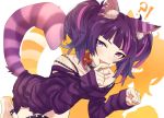  1girl animal_ears bangs cat_ears cat_tail choker diagonal_bangs idolmaster idolmaster_shiny_colors leash paw_pose purple_hair short_twintails tail tanaka_mamimi twintails violet_eyes yomosaka 